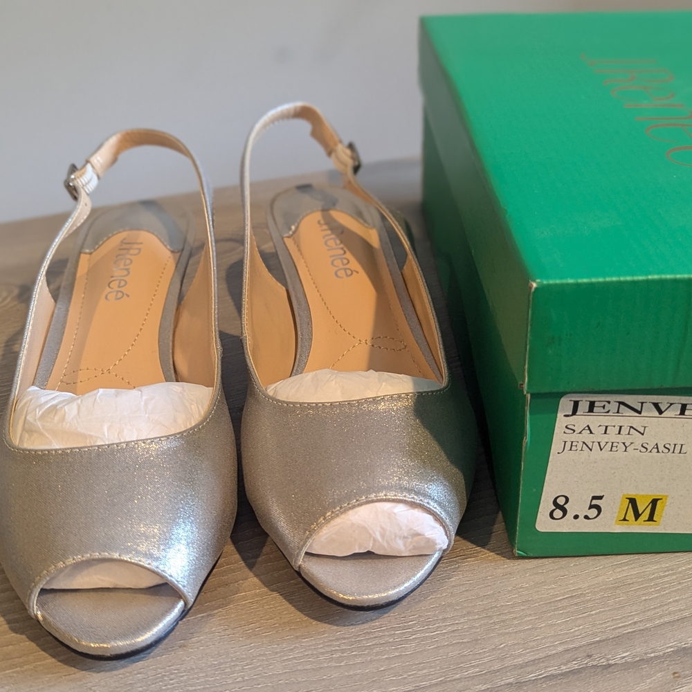 J.Renee Silver Satin Peep-Toe Heels